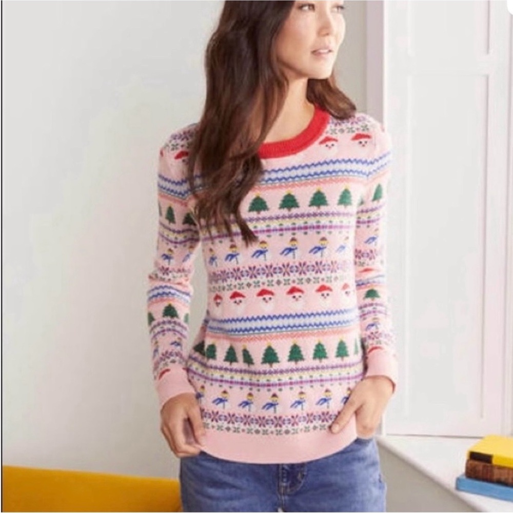 Boden Pink Fair Isle Santa Tree Skiers Women’s Holiday Sweater Size Medium, EUC